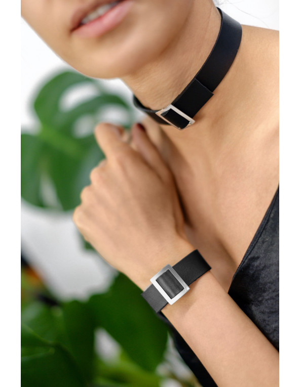 Handmade black leather choker with sterling silver accent