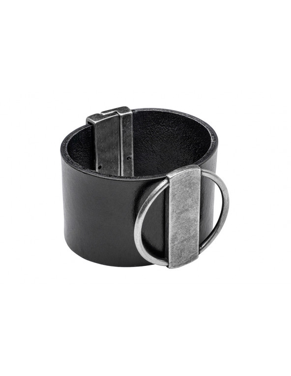 Wide black leather bracelet with matte stainless steel element