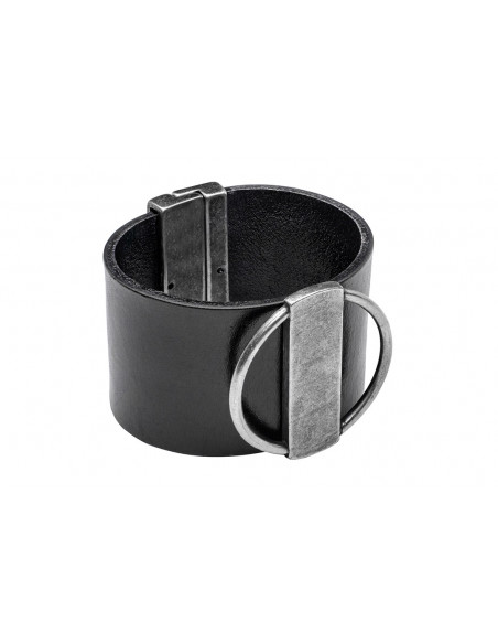 Wide black leather bracelet with matte stainless steel element