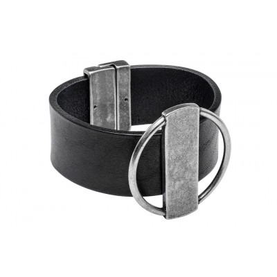 Black leather bracelet with matte stainless steel element