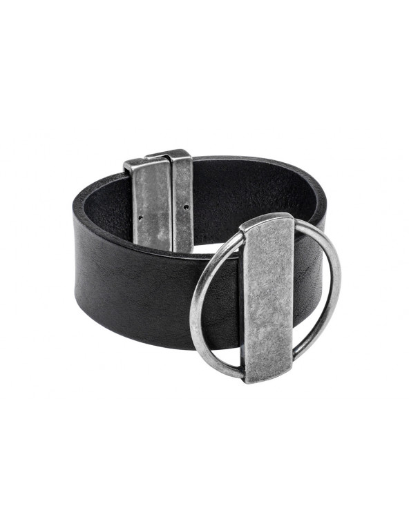 Black leather bracelet with matte stainless steel element