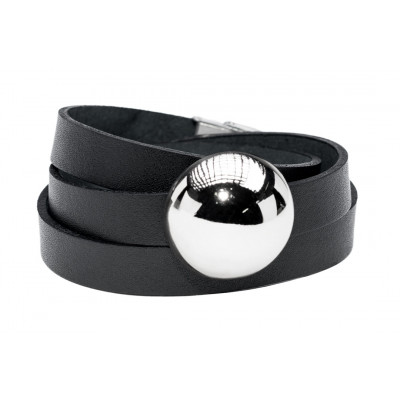 Black leather bracelet with polished steel sphere and adjustable watch-style clasp