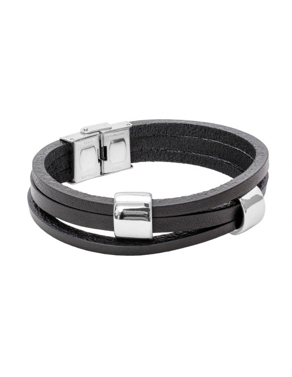 Black leather bracelet with shiny stainless steel elements