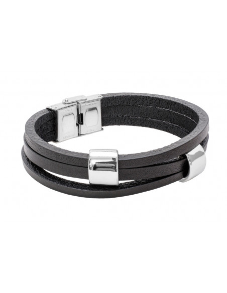 Black leather bracelet with shiny stainless steel elements