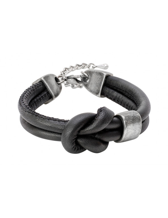 Black leather bracelet with matte stainless steel elements.
