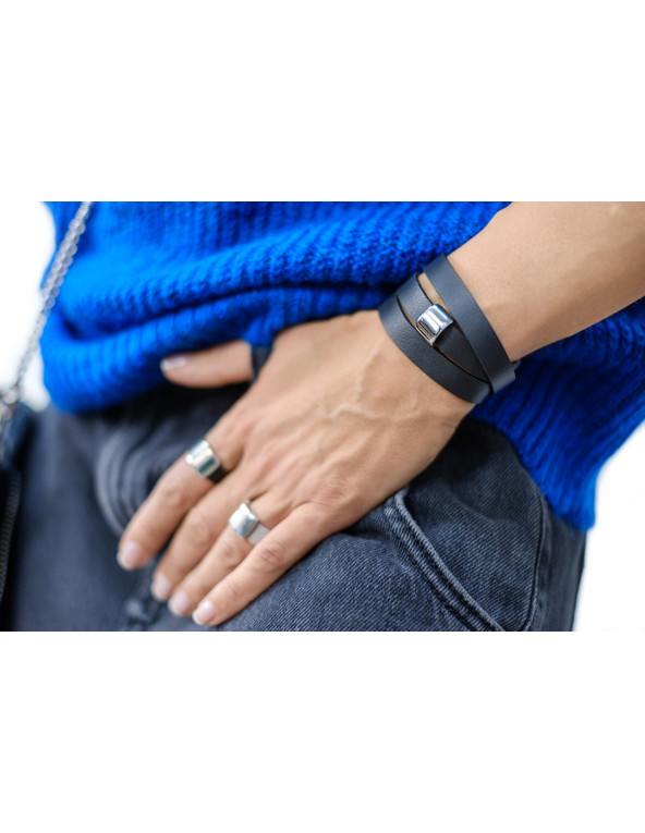 Black leather bracelet with polished steel element and watch-style clasp