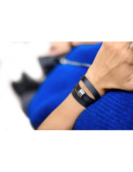 Black leather bracelet with polished steel element and watch-style clasp