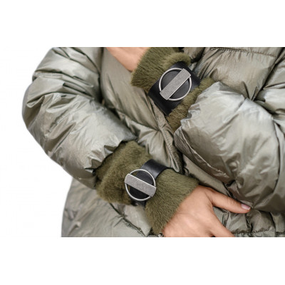 Wide black leather bracelet with matte stainless steel element 2