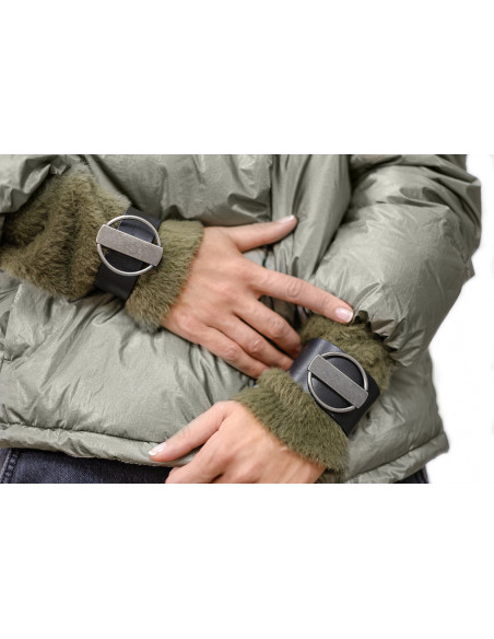 Wide black leather bracelet with matte stainless steel element