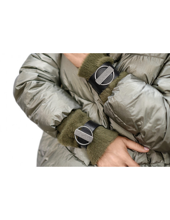 Black leather bracelet with matte stainless steel element