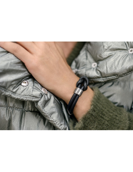 Black leather bracelet with matte stainless steel elements.