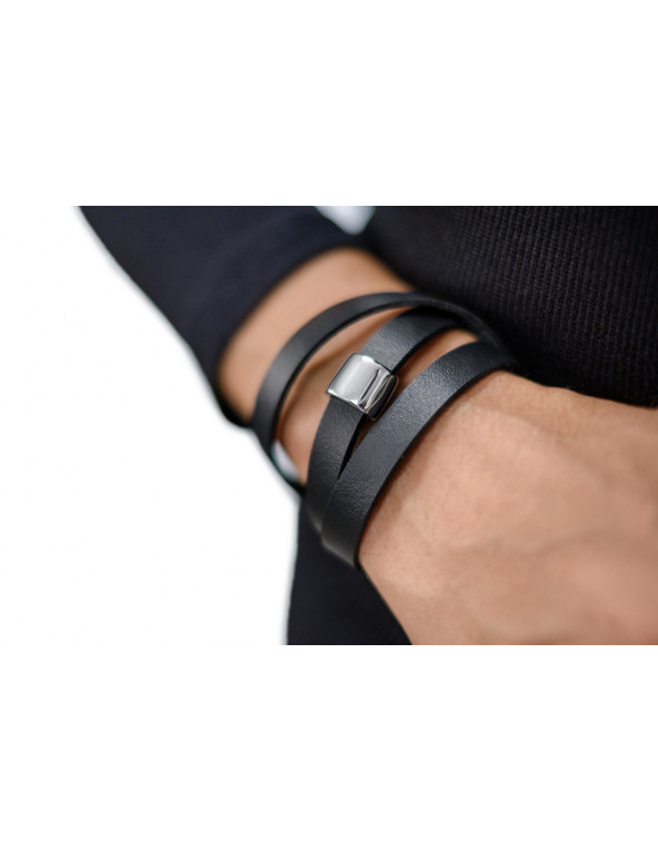 Black leather bracelet with matte steel accent and adjustable watch-style clasp