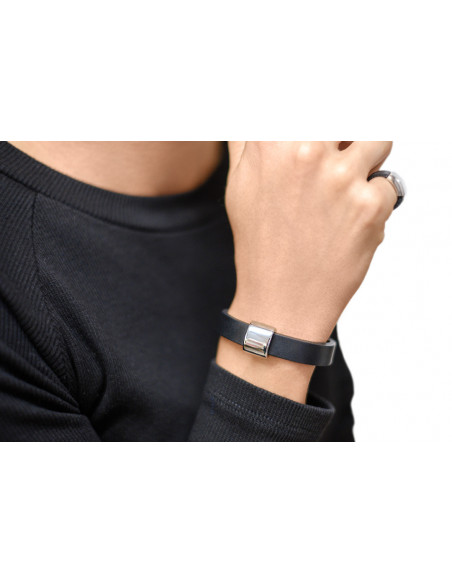 Black leather bracelet with a shiny stainless steel accent.