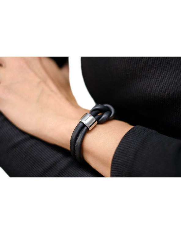 Black leather bracelet with matte stainless steel elements.
