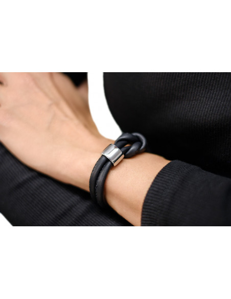 Black leather bracelet with matte stainless steel elements.