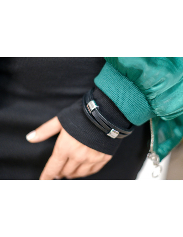 Black leather bracelet with shiny stainless steel elements