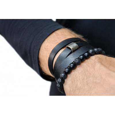 Black men's leather bracelet with a matte steel element and watch clasp 2