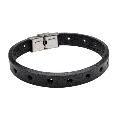 Men's black leather bracelet made of natural leather with a watch-style clasp.