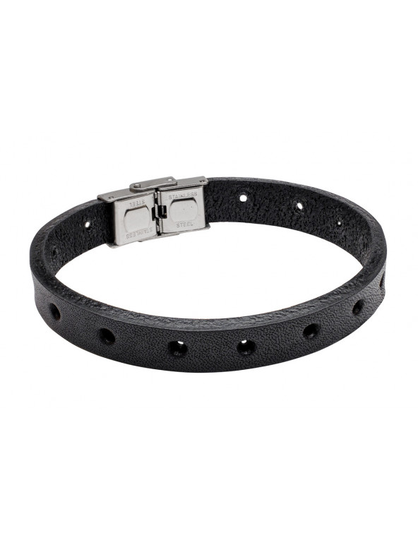 Men's black leather bracelet made of natural leather with a watch-style clasp.
