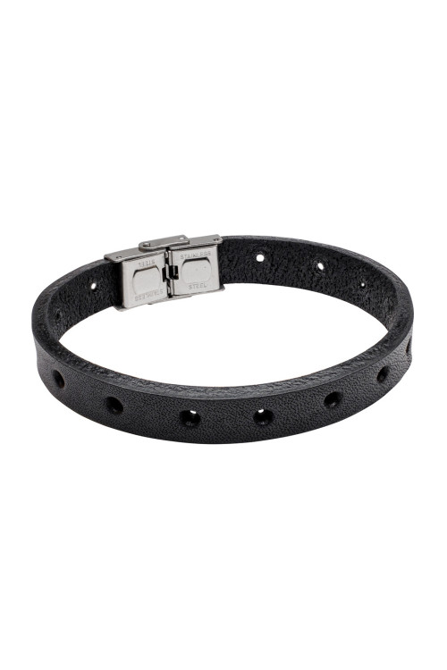 Men's black leather bracelet made of natural leather with a watch-style clasp.