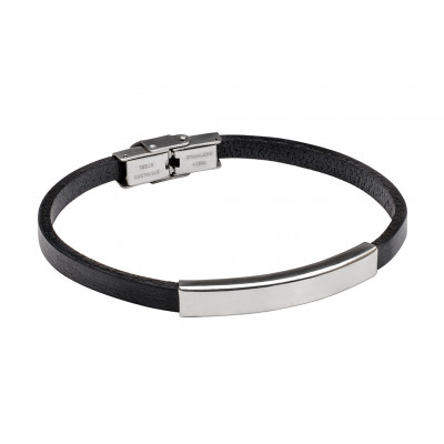 Men’s black leather bracelet with silver stainless steel plate and silver watch-style clasp.