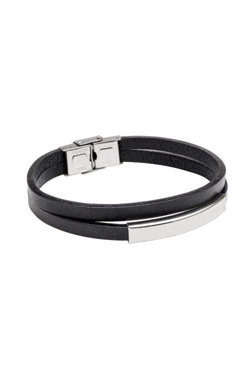 Men’s bracelet with two black leather straps and silver stainless steel plate – sleek, modern, secure.