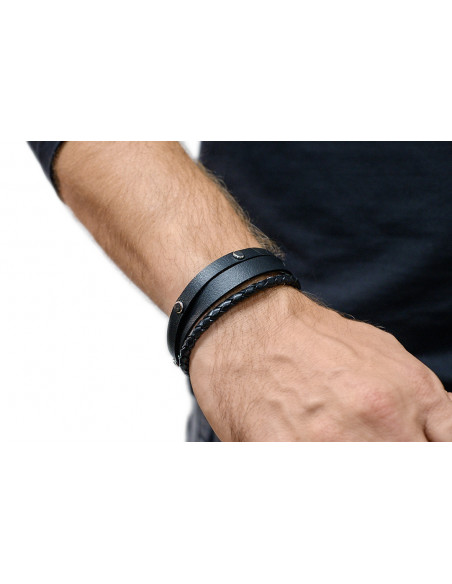 Men’s brown leather bracelet with studs and braided leather cord