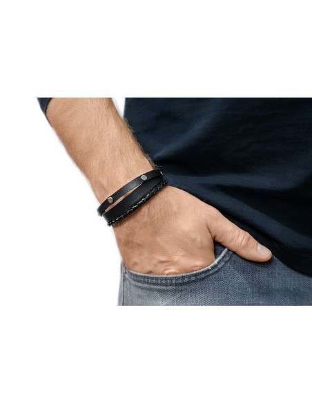 Men’s brown leather bracelet with studs and braided leather cord