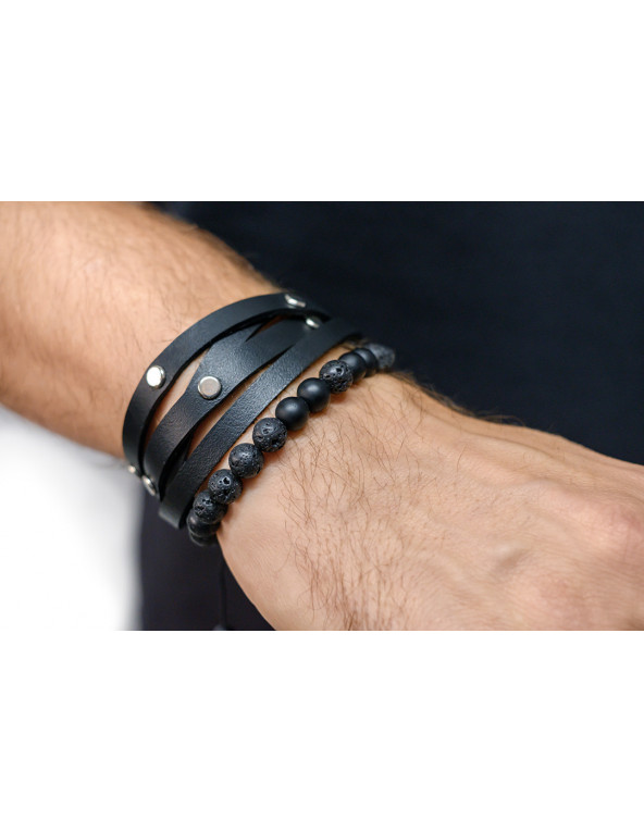 Men’s black leather bracelet wrapped twice with decorative steel snaps