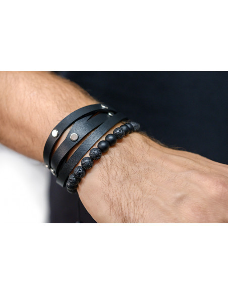 Men’s black leather bracelet wrapped twice with decorative steel snaps