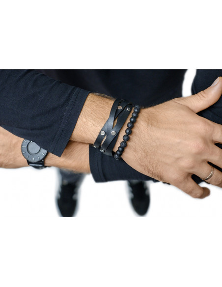 Men’s black leather bracelet wrapped twice with decorative steel snaps