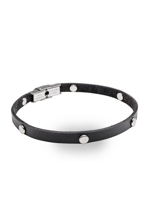 Men’s black leather bracelet with decorative snaps and adjustable black clasp