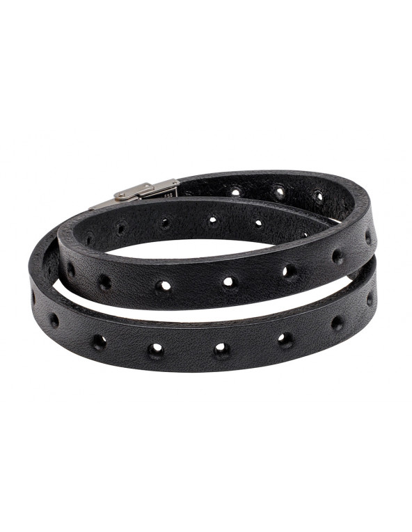 Men’s black leather bracelet, double-wrapped with adjustable watch-style clasp.