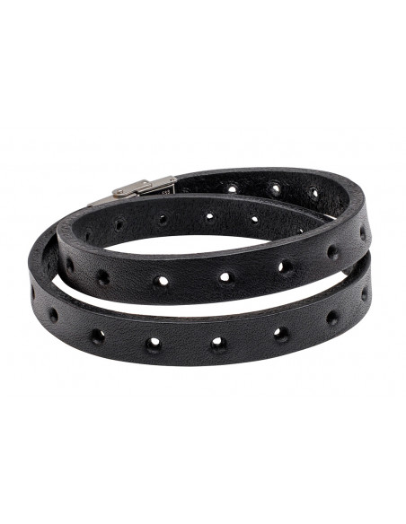 Men’s black leather bracelet, double-wrapped with adjustable watch-style clasp.