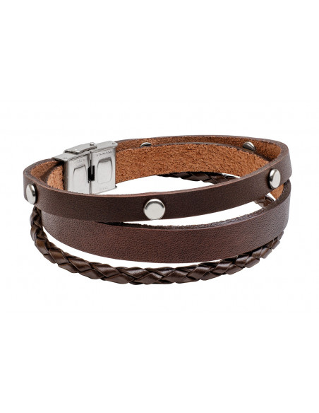 Men’s brown leather bracelet with studs and braided leather cord