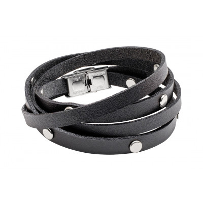 Men’s black leather bracelet wrapped twice with decorative steel snaps