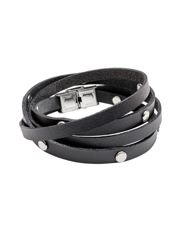 Men’s black leather bracelet wrapped twice with decorative steel snaps