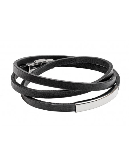 Men’s triple-wrap black leather bracelet with silver stainless steel plate – bold, modern, elegant.