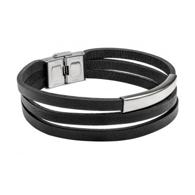 Men’s bracelet with three black leather straps and silver stainless steel plate – bold, modern and secure.