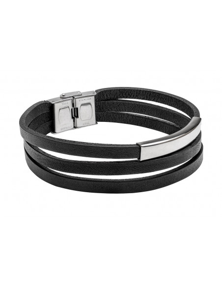 Men’s bracelet with three black leather straps and silver stainless steel plate – bold, modern and secure.
