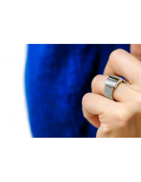 Modern ring made of stainless steel mesh and silver 925