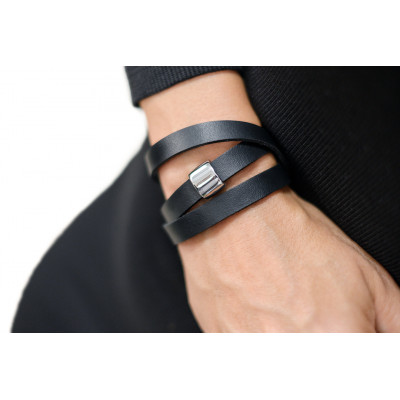 Black triple-wrap rubber bracelet with matte stainless steel element 2