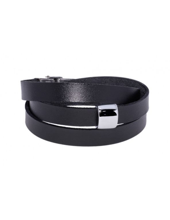 Black leather bracelet with polished steel element and watch-style clasp