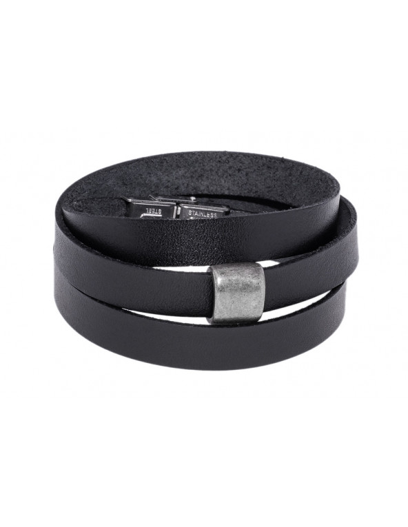 Black leather bracelet with matte steel accent and adjustable watch-style clasp