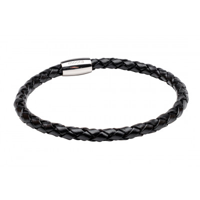Men’s black braided leather necklace with shiny steel magnetic clasp
