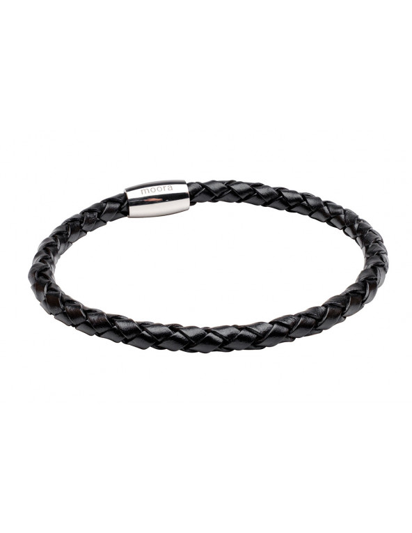 Men’s black braided leather necklace with shiny steel magnetic clasp