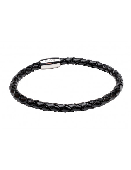 Men’s black braided leather necklace with shiny steel magnetic clasp