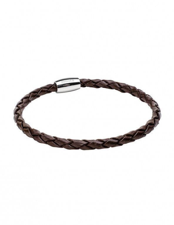Men’s braided brown leather necklace with shiny steel magnetic clasp