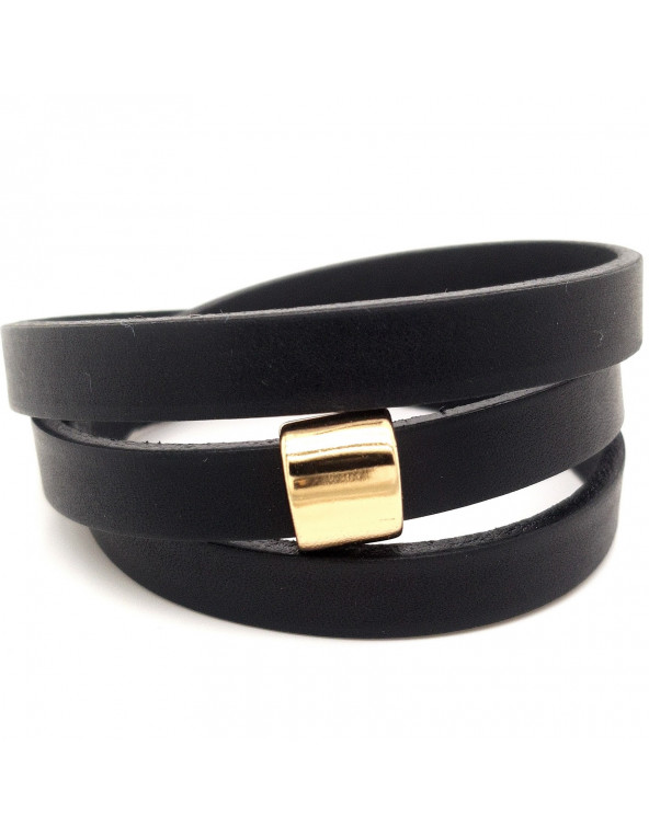 Triple-wrap black leather bracelet with gold-tone steel element and adjustable clasp