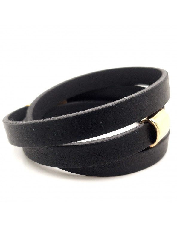 Triple-wrap black leather bracelet with gold-tone steel element and adjustable clasp